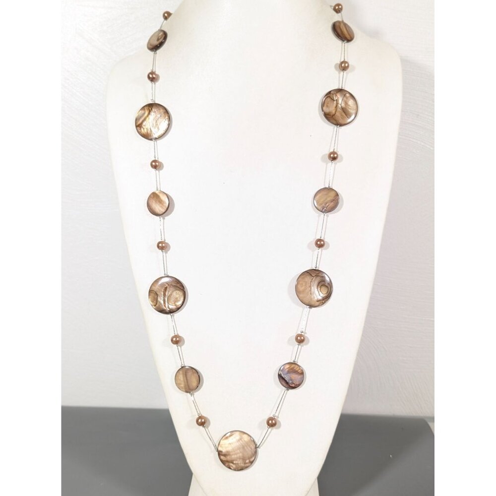 Beachy Boho Brown Shell Disc Faux Pearl‎ Long Necklace Station Chain 36"